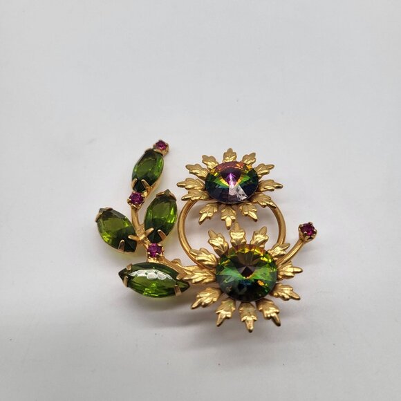 Juliana DeLizza Elster? Flower Watermelon Rivoli Green Pink Rhinestone Brooch - Picture 2 of 6